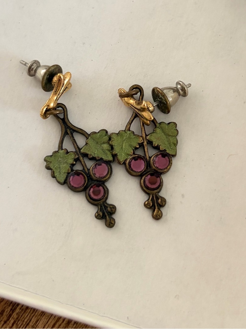Vintage Grape Cluster Enamel Crystal Dangle Stud Earrings - Gold Tone Purple